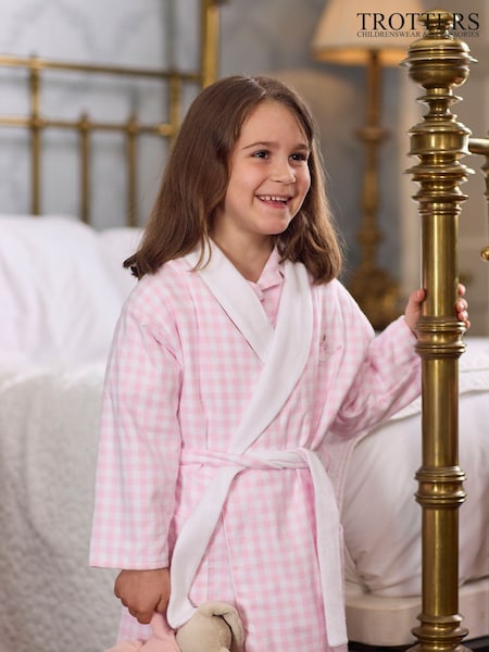 Trotters London Pale Pink Gingham Margot 100% Cotton Ballerina Bathrobe (E64195) | €109 - €120