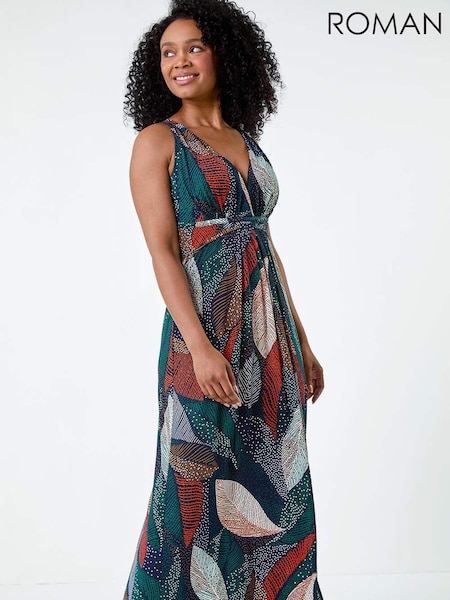 Roman Orange Leaf Print Stretch Maxi Dress (E64226) | R$ 510