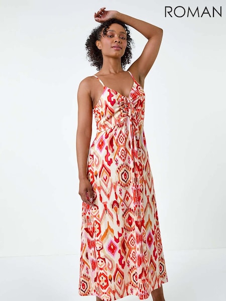 Roman Orange Aztec Style Ruched Front Maxi Dress (E64248) | €59