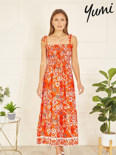 Yumi Orange Ikat Print Midi Sun Dress (E64265) | ₪226