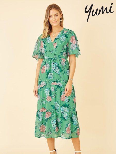 Verde - Rochie midi petrecută cu tiv suprapus Yumi Floral (E64279) | 171 LEI