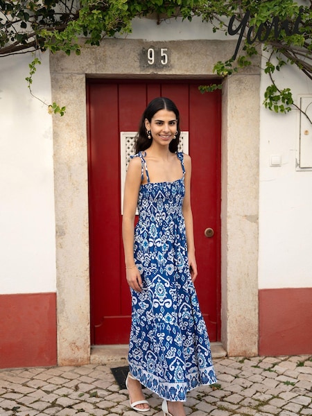 Yumi Blue Ikat Print Midi Sun Dress (E64280) | ₪226