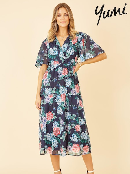 Albastru - Rochie midi petrecută cu tiv suprapus Yumi Floral (E64282) | 200 LEI