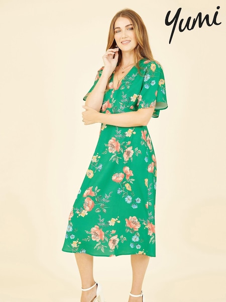 Yumi Green Floral Kimono Midi Dress (E64318) | €27