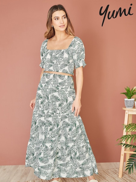 ירוק - Yumi Voile Palm Leaf Print Ruched Waist Midi Skirt (E64345) | ‏226‏₪