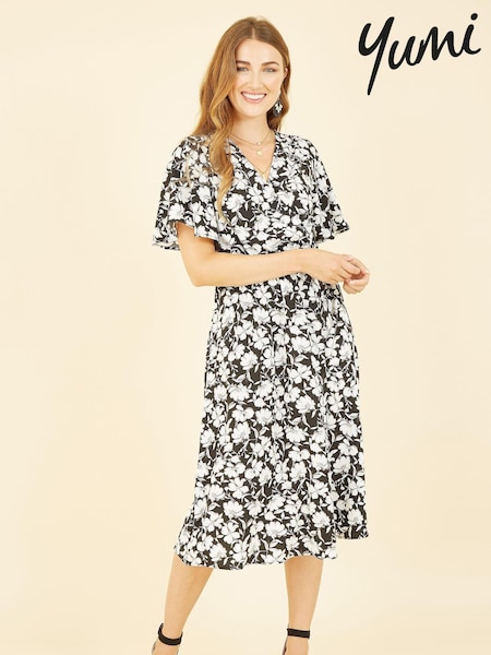 Yumi Black Floral Wrap Midi Dress (E64346) | €30