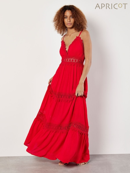 Apricot Red Lace Insert Crinkle Cami Maxi Dress (E64395) | €62