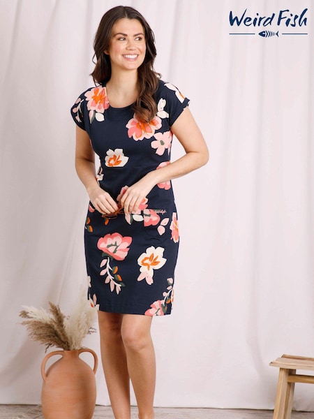 Albastru/Maro - Rochie lungă din material organic cu imprimeu Jerseu Fish Tallahassee (E64675) | 143 LEI