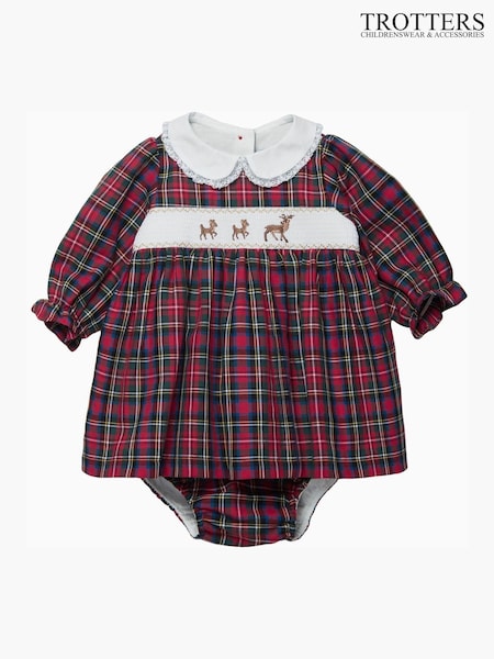 Trotters London Red Little Tartan Reindeer Smocked 100% Cotton Christmas Dress (E64835) | ‏38 ر.ع.‏