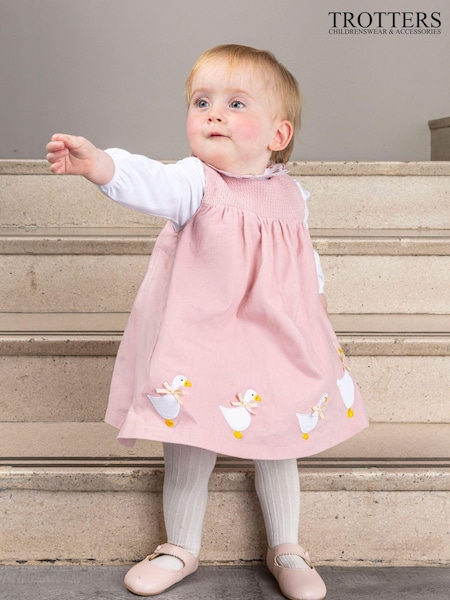 Trotters London Pink Little Cord Duck Smocked Pinafore Dress (E64841) | AED157