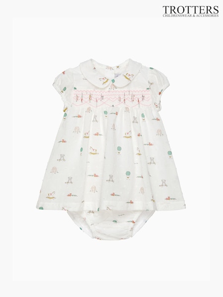 Trotters London Little Bunny & Friends Smocked White Dress (E64845) | AED285