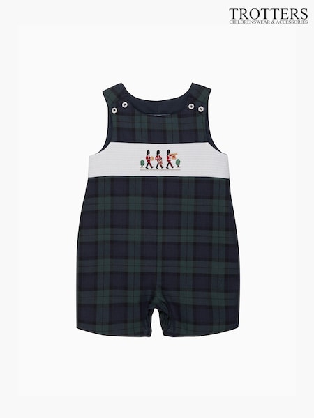 Trotters London Blue Little Navy Tartan Archie Marching Band Smocked Romper (E64850) | R$ 515