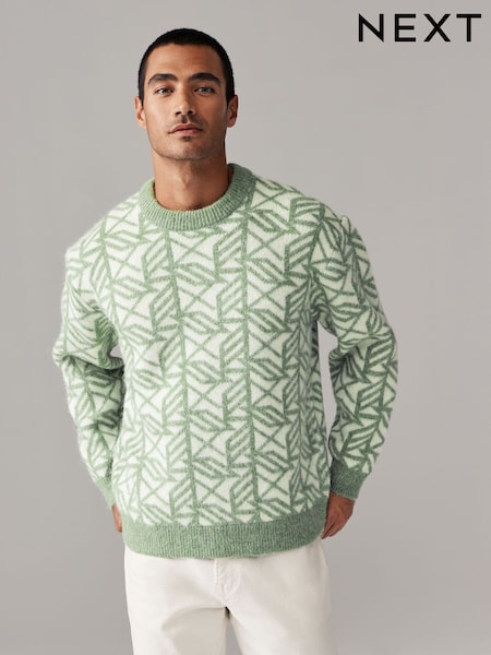 Geometric White/Green Relaxed Fit Brushed Pattern Crew Jumper (E64854) | €22