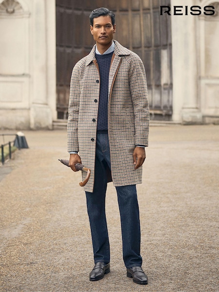 Reiss Brown Multi Region Wool Dogtooth Check Car Coat (E64901) | €342