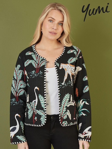 כרום שחור - Yumi Animal Print Reversible Cotton Cropped Quilted Jacket (E64921) | ‏277‏₪