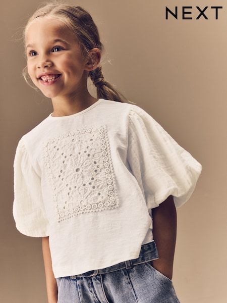 Ecru 100% Cotton Puff Sleeve Crochet T-Shirt (3-16yrs) (E64972) | 69 QAR - 94 QAR