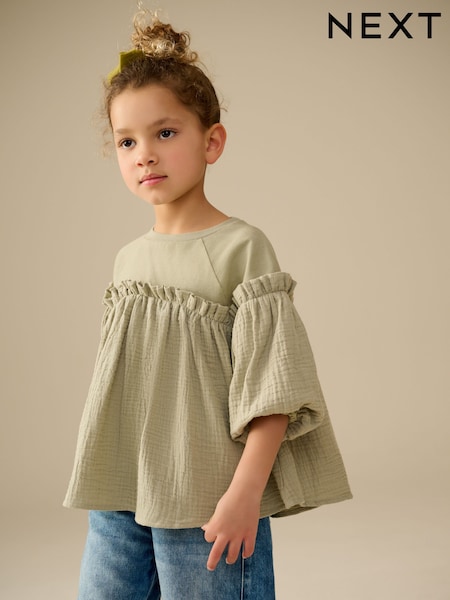 Khaki Green 100% Cotton Puff Sleeve Peplum T-Shirt (3-16yrs) (E64976) | €8.50 - €12