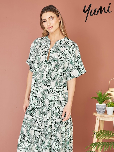 Yumi Green 100% Cotton Palm Print Tiered Tunic Dress (E65006) | €63