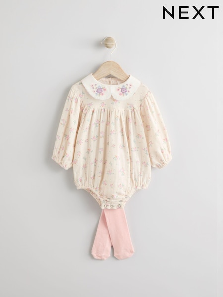Ecru Kukallinen Brodeerattu - Vauva Bloomer Romper Trikootilla (0kk -2v) (E65019) | €28 - €31