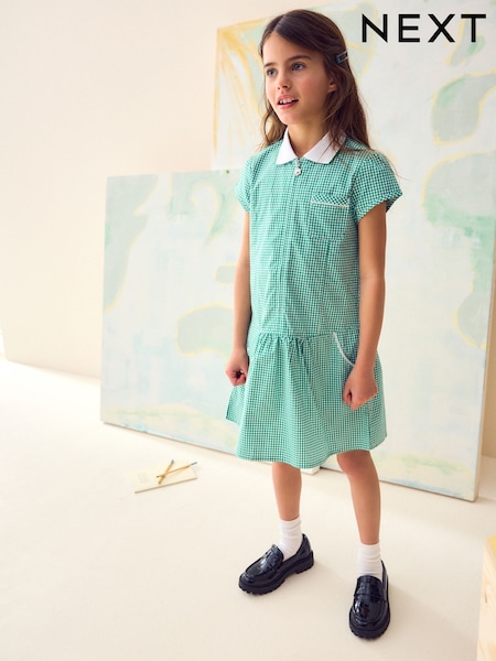 Green Zip Front Cotton Rich Gingham School Dress (3-14yrs) (E65038) | €11 - €14