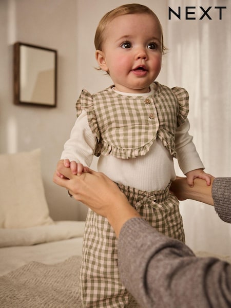 أخضر مربعات - 3 Piece Baby Long Sleeve Bodysuit, Trousers & Gilet Set (0mths-2yrs) (E65059) | ‏9.500 د.ك.‏ - ‏10.500 د.ك.‏
