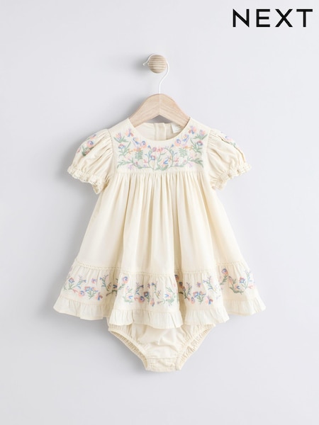 Cream Floral Embroidered Baby 100% Cotton Dress (0mths-2yrs) (E65162) | $34 - $37