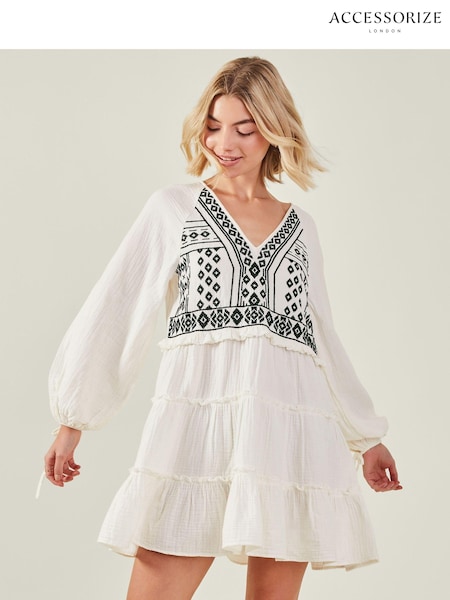 Accessorize Cream 100% Cotton Embroidered Ruffle Dress (E65211) | ₪251