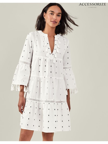 Accessorize White Dobby Tassel 100% Cotton Dress (E65241) | €49