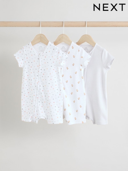 Weiß - 100% Cotton Two Way Zip Romper Sleepsuits 3 Pack (0mths-3yrs) (E65277) | 21 € - 24 €