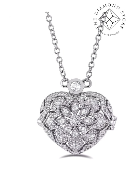 The Diamond Store Silver Tone Heart Locket Lab Diamond Necklace White Topaz (E65291) | €138