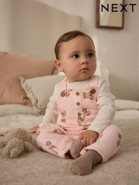 Pink Bear Print Long Sleeve Bodysuit & Baby 100% Cotton Dungarees Set (0mths-3yrs) (E65349) | AED60 - AED67