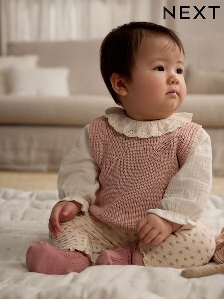 Pink Floral 2 Piece Baby Knitted 100% Cotton Blouse & Leggings Set (0mths-2yrs) (E65475) | AED71 - AED78