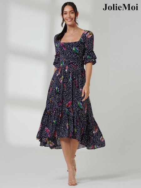 Jolie Moi Blue Frill Hem Mesh Midi Dress (E65481) | €38