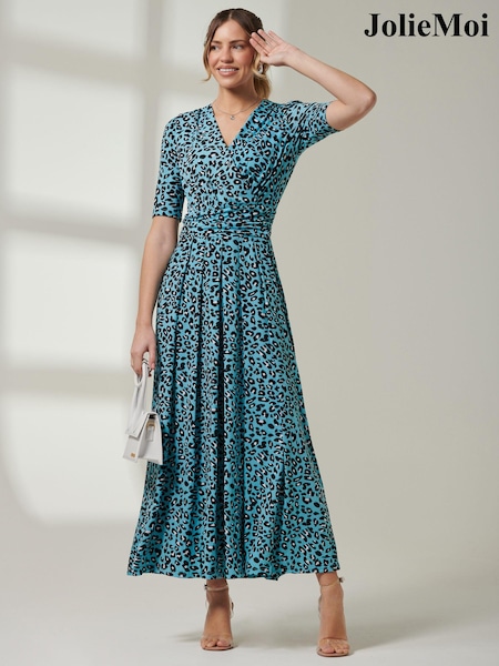 Blau - Jolie Moi Kurzarm V-Neck Maxikleid (E65482) | 46 €
