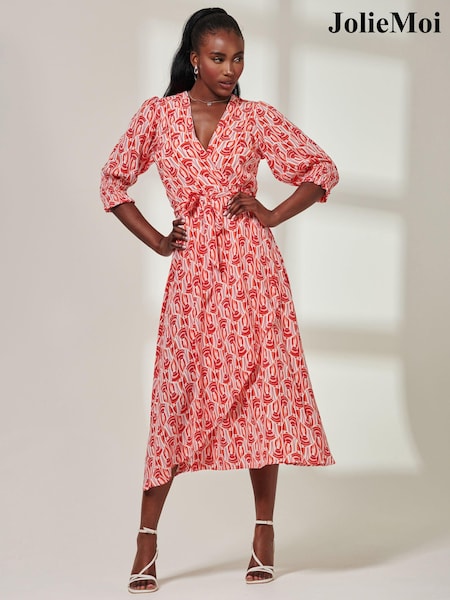 Jolie Moi Red V-Neck High Low Midi Dress (E65487) | €36