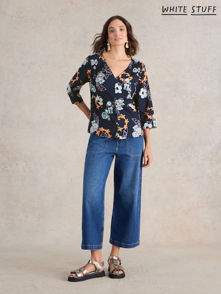 White Stuff Navy Print Rae Organic Cotton Top (E65510) | 130 QAR