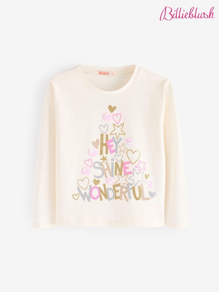 Billieblush Cream Christmas Festive Party Sequin Long Sleeve 100% Cotton T-Shirt (E65647) | €20