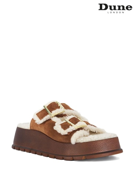 Dune London Brown Lazio Flatform Shearling Sandals (E65689) | €126