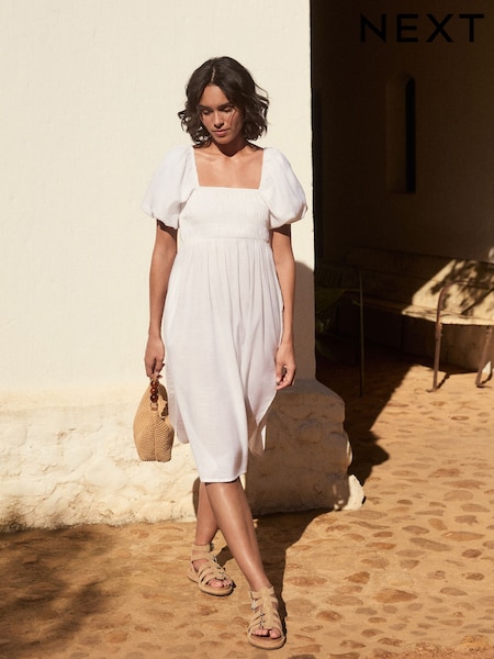 White Puff Sleeve Off Shoulder Midi Dress (E65749) | €42