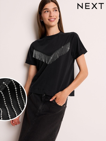 Black Embellished Western Cowboy Fringe T-Shirt (E65996) | €7
