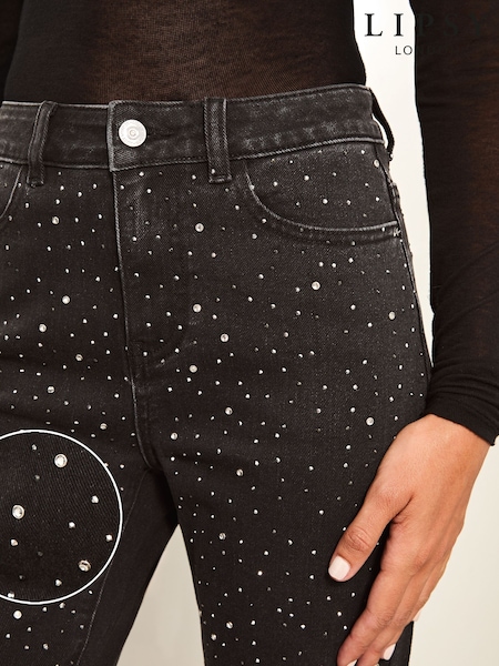 Lipsy Black Diamante High Waist Straight Leg Jeans (E66017) | €40