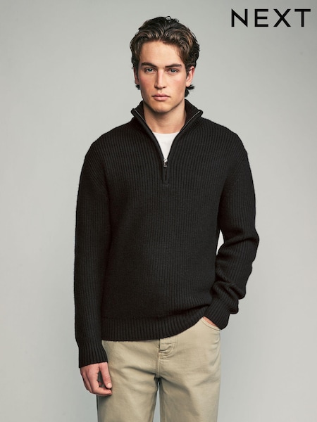Black Regular Fit Lambswool Rich Rib Texture Zip-Neck Jumper (E66124) | €28