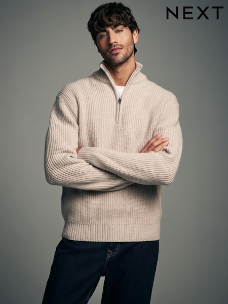 Neutral Regular Fit Lambswool Rich Rib Texture Zip-Neck Jumper (E66132) | €27