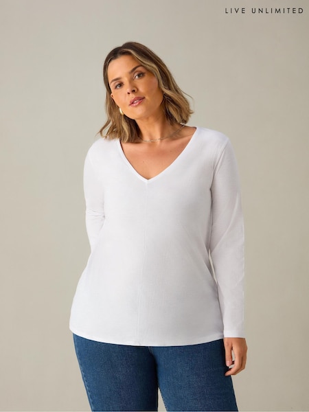 Live Unlimited White Curve 100% Cotton Slub V-Neck Long Sleeve T-Shirt (E66136) | €55