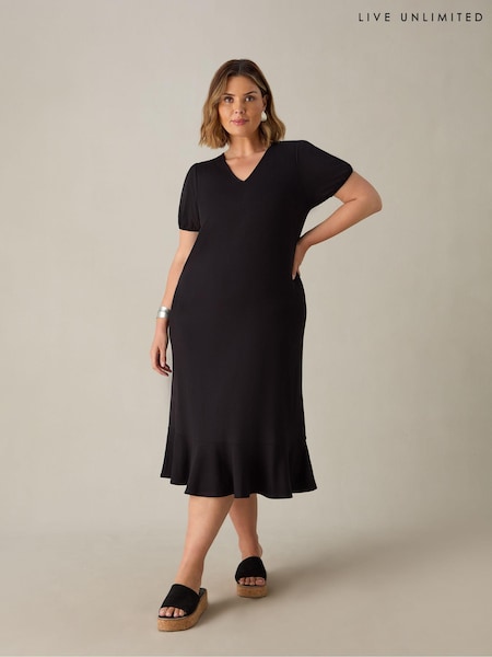 Live Unlimited Black Curve Jersey V-Neck Flute Hem Midi Dress (E66137) | €30