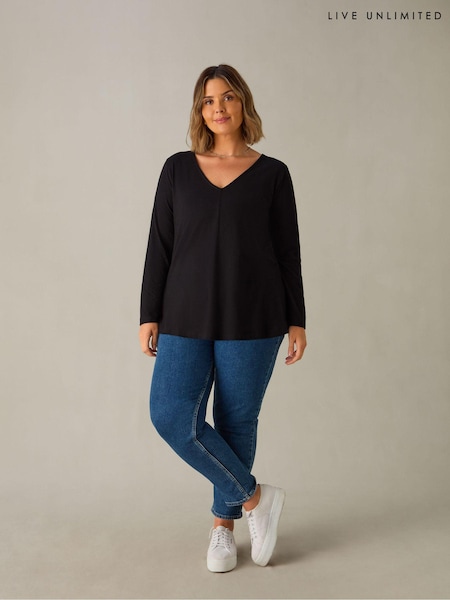 Live Unlimited Black Curve 100% Cotton Slub V-Neck Long Sleeve T-Shirt (E66141) | €34