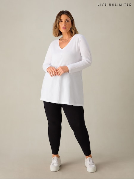 Branco - Live Unlimited Curve 100% Cotton Slub Long Sleeve Longline T-Shirt (E66156) | R$ 415