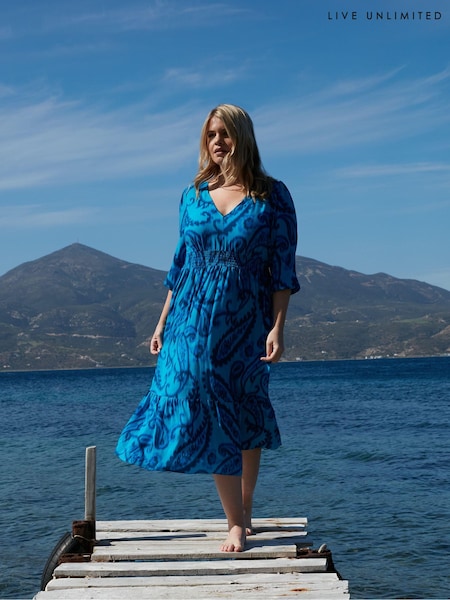 Live Unlimited Blue Curve Paisley V-Neck Midi Dress (E66170) | €68