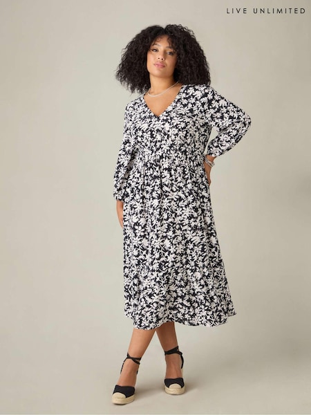 Live Unlimited Black Curve Floral V-Neck Midi Dress (E66178) | €56