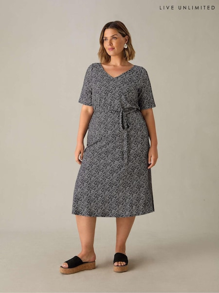 Live Unlimited Black Curve Dash Print Jersey V-Neck Midi Dress (E66182) | €37